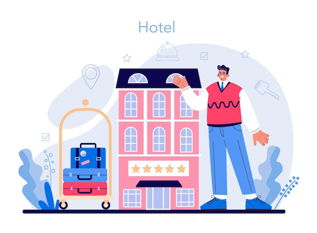 Hotelkonzept. Tourismusservice, professionelles Hotelpersonal, das Touristen bedient. Wohnung für urlaub im ausland buchen. Flache Vektorillustration