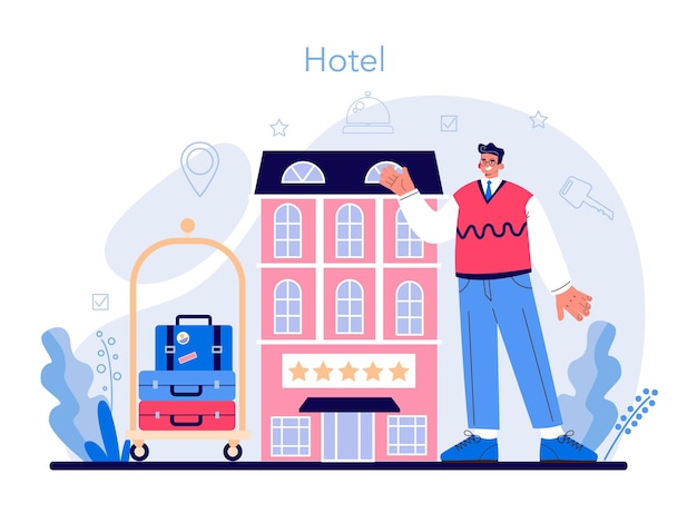 Vektor hotelkonzept. tourismusservice, professionelles hotelpersonal, das touristen bedient. wohnung für urlaub im ausland buchen. flache vektorillustration