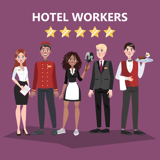 Hotelpersonal. menschen in uniform. rezeptionistin und kellner