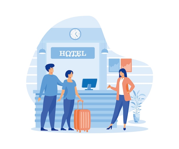 Hotelszene mit ein paar, das sich eincheckt Mann und Frau an der Rezeption mit Gepäck