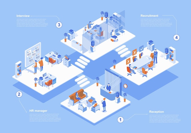HR-Agenturkonzept isometrische 3D-Webszene mit Infografik Menschen warten an Rezeptionsmanagern, die bei der Rekrutierung im Büro und Vorstellungsgespräch im Zimmer arbeiten Vektorillustration in Isometrie-Grafikdesign