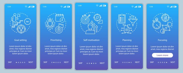 Hr-fähigkeiten beim onboarding der mobilen app-seitenbildschirm-vektorvorlage. walkthrough-website-schritte für mitarbeiterqualitäten mit linearen illustrationen. zielsetzung, planung. ux, ui, gui-smartphone-schnittstellenkonzept