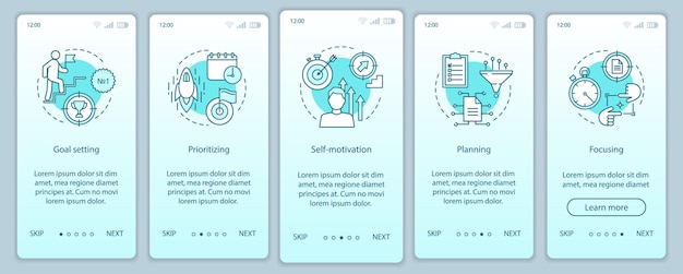 Hr-fähigkeiten, fähigkeiten zum onboarding mobiler app-seitenbildschirm-vektorvorlagen. professionelle mitarbeiterqualitäten walkthrough-website-schritte. zielsetzung, fokussierung. ux, ui, gui-smartphone-schnittstellenkonzept