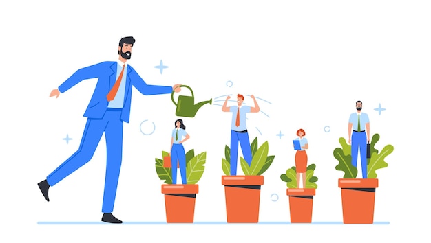 Hr Human Resources Konzept Talententwicklung Karrierewachstum Training oder Coaching Mitarbeiterverbesserung Geschäftsmann Manager Charakter Bewässerung talentierte Mitarbeiter Cartoon Menschen Vektorillustration
