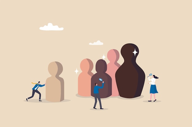 HR, Human Resources wählen Kandidaten aus, die in Stellen- oder Karriereangebote passen, Vielfalt, Personalmanagement oder Suche nach dem besten Mitarbeiterkonzept, Personalteam von Geschäftsleuten, das sich Menschenpuppen ansieht.