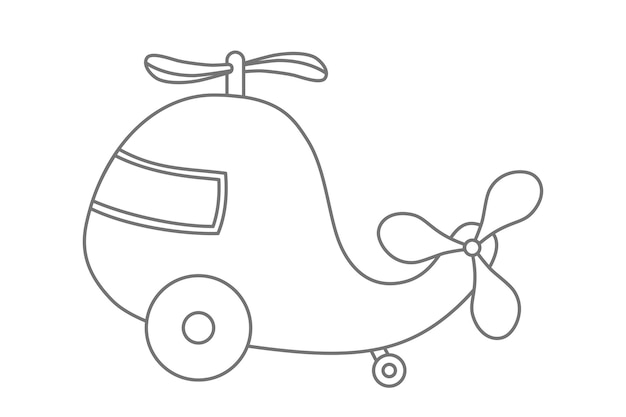 Hubschrauber-kind-junge spielzeug vektor-illustration von niedlichen fahrzeug mit propeller zeichnung von baby-jet im umriss-stil in weißen und schwarzen farben auf isoliertem hintergrund doodle-skizze des flugzeugs für kinder