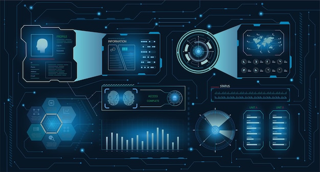 Hud-Schnittstelle oder Technologiegrafikanzeige auf blauem Hintergrundvektorillustration