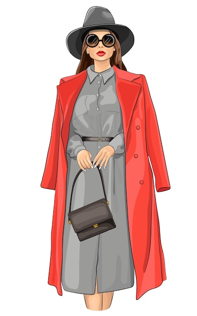 Hübsche frau in korallenrotem regenmantel und kleid cartoon-vektor-illustration. herbst, frühlingsmode-look