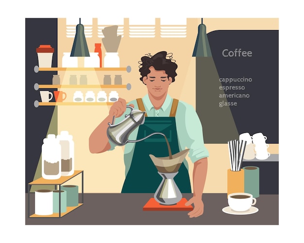 Vektor hübsche illustration eines mannes, der in einem café kaffee durch einen filter gießt. kleinunternehmer, professioneller barista-beruf, coffee-shop-mitarbeiter, cartoon-vektor im flachen stil