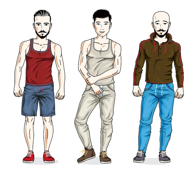 Vektor hübsche junge männer, die in stylischer sportbekleidung, sportlern und fitnessmenschen posieren. vektor-menschen-illustrationen festgelegt.