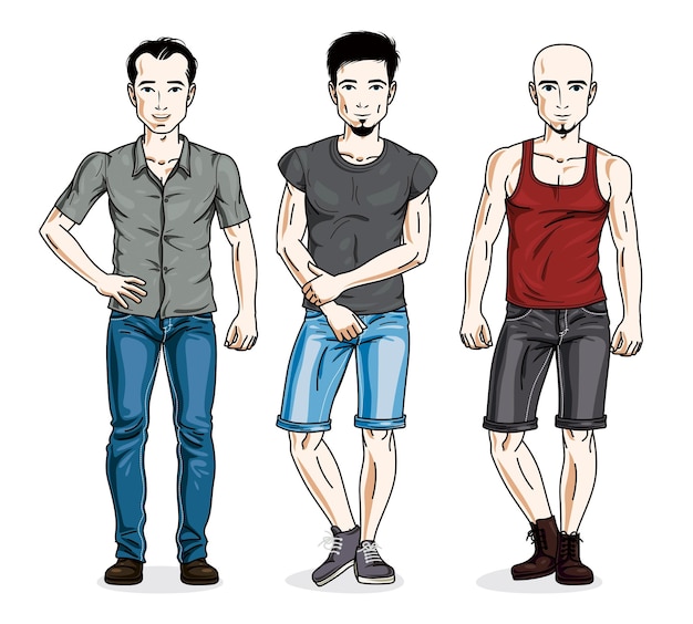 Vektor hübsche junge männer, die modische freizeitkleidung tragen. vektor verschiedene menschen illustrationen set.