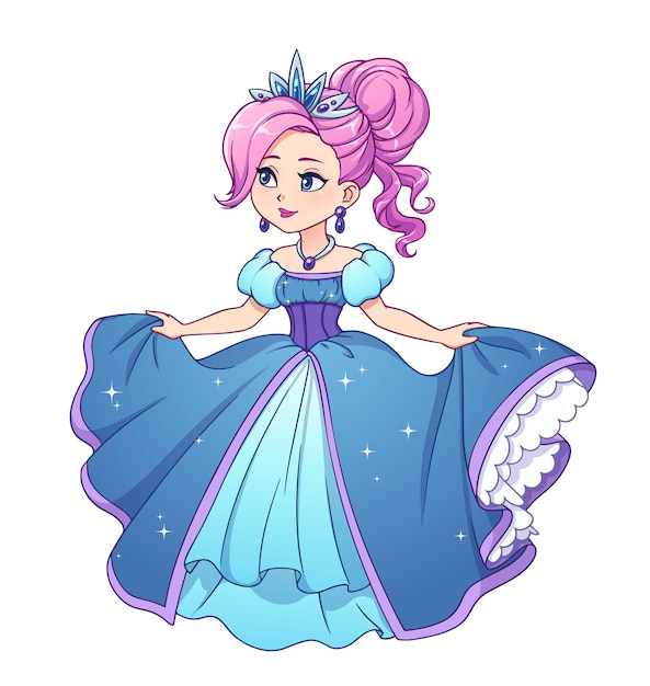 Hübsche kleine Cartoon-Prinzessin mit rosa Haaren und blauem Ballkleid