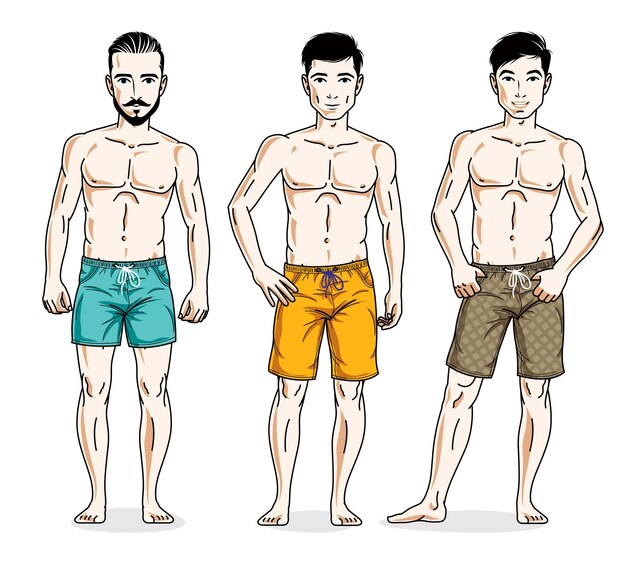 Vektor hübsche männer stehen in strandshorts. vektor-leute-illustrationen-set.