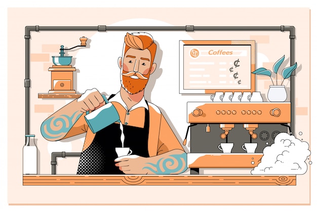 Hübscher barista, der tasse kaffee für kunden im coffeeshop vorbereitet