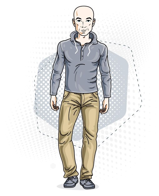 Hübscher unbehaarter junger mann posiert auf modernem hintergrund. vektor-illustration von männern in jeans und pullover. clipart zum thema lifestyle.