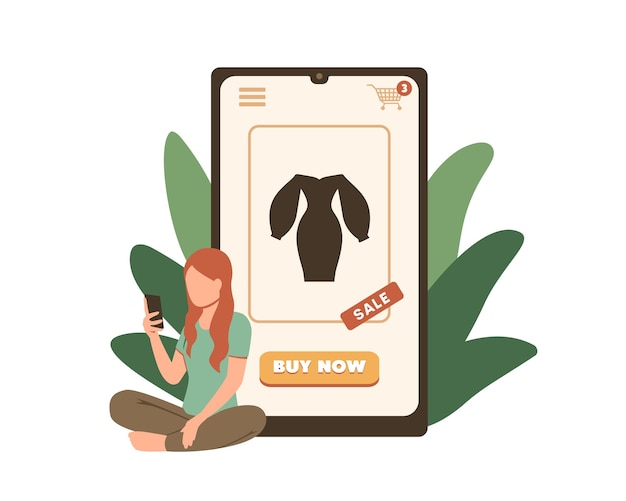 Vektor hübsches mädchen kauft kleid mit rabatt online über eine mobile app. online-käufer kaufen neue waren über mobile shopping-apps. vorteile des elektronischen handels. vektorillustration