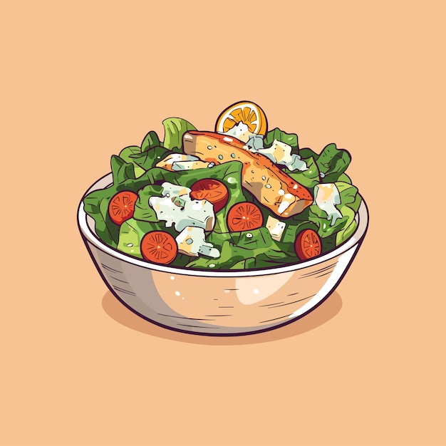 Vektor hühnchen-caesar-salat-vektorillustration, klare linie und farbige cliparts für menüplakate