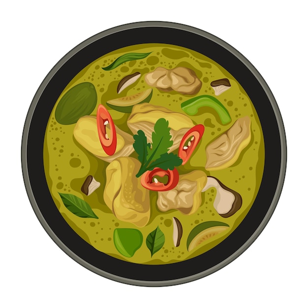 Vektor hühnersuppe, grünes curry, asiatisches essen, vektor, illustration