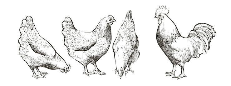 Vektor huhn henne vogel geflügel masthähnchen nutztierfütterung vintage osterkarte ei verpackungsdesign realistische skizze linie silhouette gravur illustration