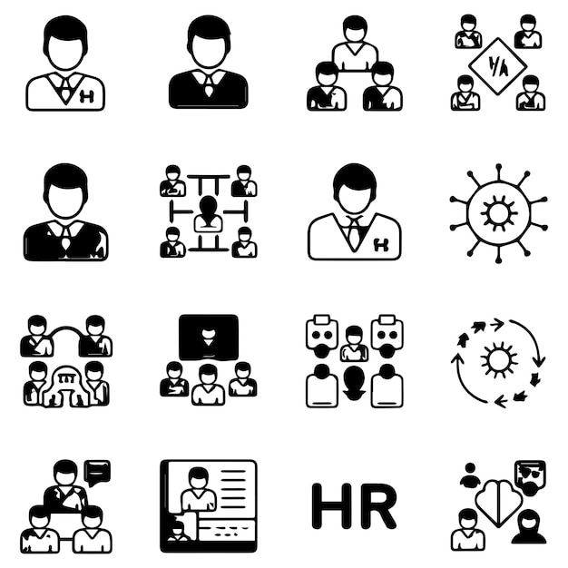 Human Resources-Icon-Sammlung, die die Arbeitskräfte, die Arbeitsorganisation und die Geschäftsstruktur enthält