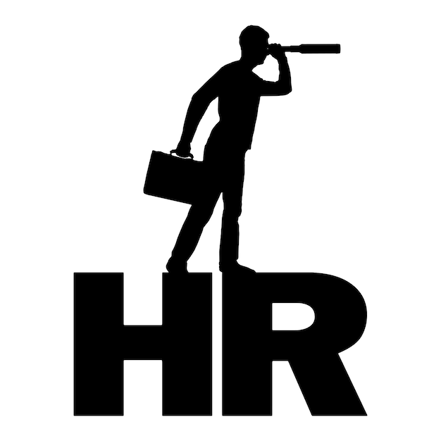 Human Resources Silhouette eines Mannes, der auf den Buchstaben HR steht und durch ein Fernglas blickt und nach Human Resources sucht