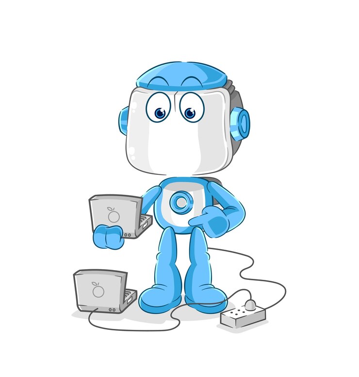 Vektor humanoider roboter mit laptop-maskottchen-karikaturvektor