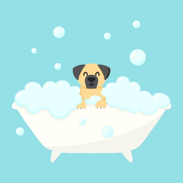 Hund in einem Schaumbad Haustierpflege Baden des Hundes im Badezimmer Vektor-Illustration im Cartoon-Stil
