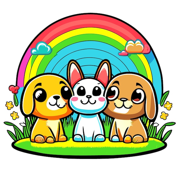 Vektor hund, katze, kaninchen, auf, dass, wiese, regenbogen, sonne, vektor, illustration, cartoon