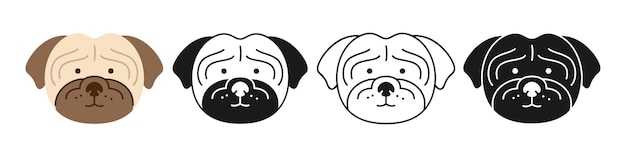 Hund, mops, terrier, gesichter, karikatur, zeichensatz, welpe, kindisch, symbol, schnauze, gekritzel, symbol, hündchen, wohnung, haustier