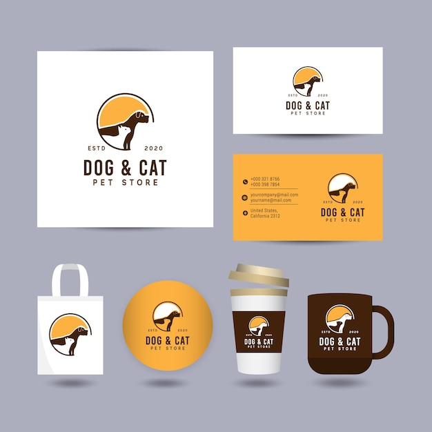 Hund und katze logo design-konzept mit präsentationsvorlage