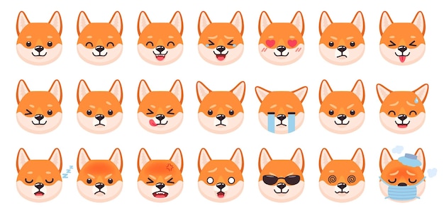 Hunde-emoticons hundecharakter-gesicht zeigt ausdrücke und emotionen kawaii anime welpe emoji wütend traurig glücklich nickerchen weinen zwinkern süßer haustierausdruck geniale tiervektorillustration