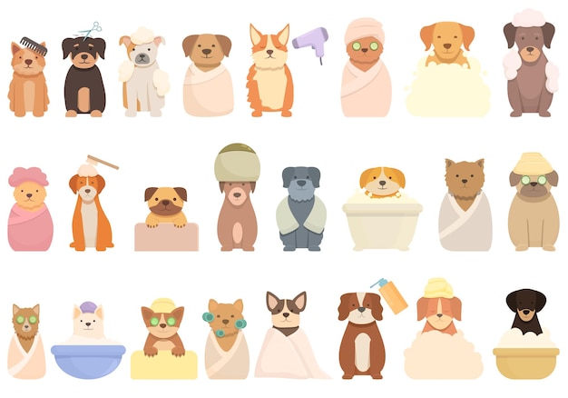 Hunde-Spa-Symbole setzen Cartoon-Vektor Pflegedusche