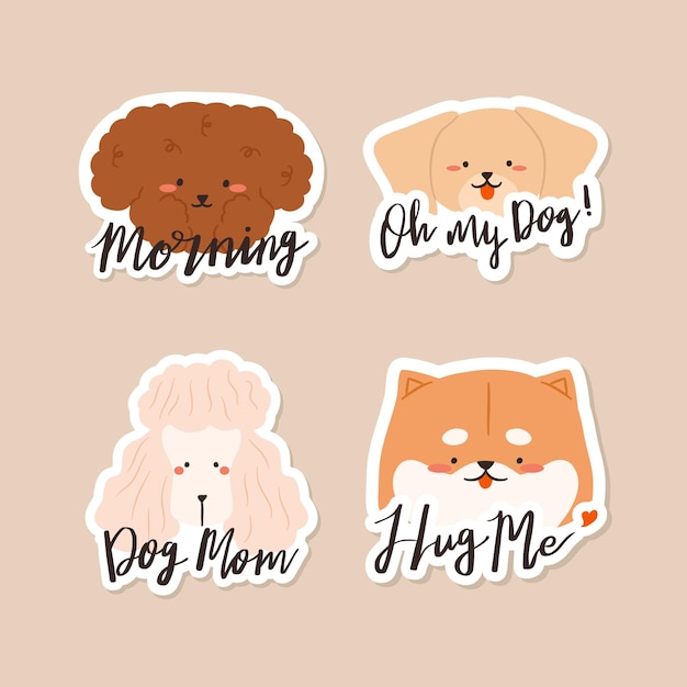 Vektor hunde züchtet golden retriever, shiba inu, spielzeugwelpe und pink pudel mit haarschnitt stile hund patches und aufkleber mit morgen, oh mein hund, hund mutter und umarme mich liebe hand schriftzug zitat wort text