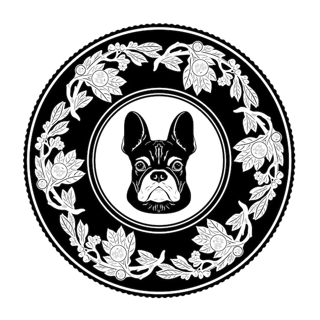 Hundekopf-logo mit blumenrahmen handgefertigte silhouette modell 14