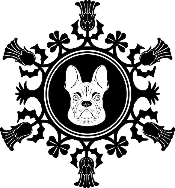 Vektor hundekopf-logo mit blumenrahmen handgefertigte silhouette modell 55