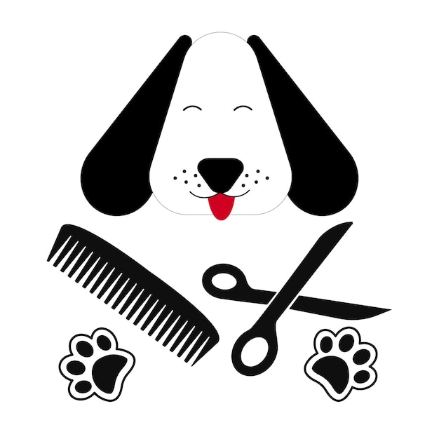 Hundepflege-emblem mit schere und kamm auf weißem hintergrund haustierpflege
