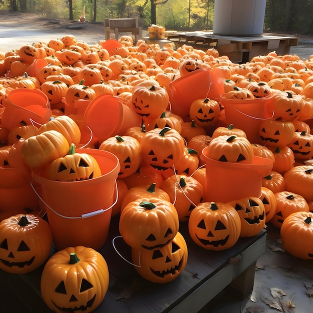 Hunderte von halloween-jackolantern-kürbissen und orangen-garteneimern sorgen für ein halloween-bild