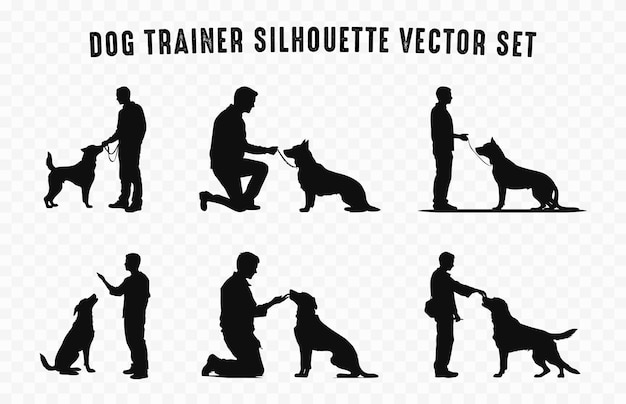 Hundetrainer-silhouetten, schwarzes vektor-set. ein mann, der einen hund trainiert, silhouettenbündel