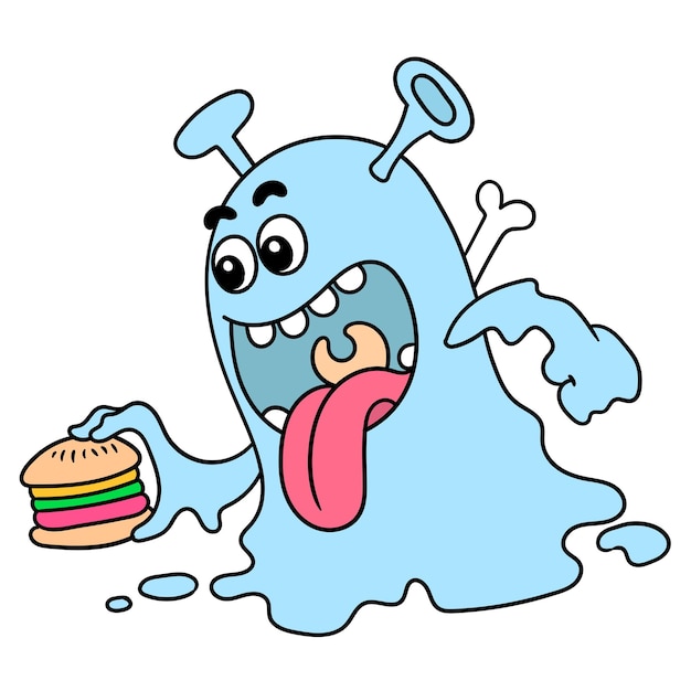 Hungrige monster brachten hamburger zum essen, doodle draw kawaii. illustrationskunst