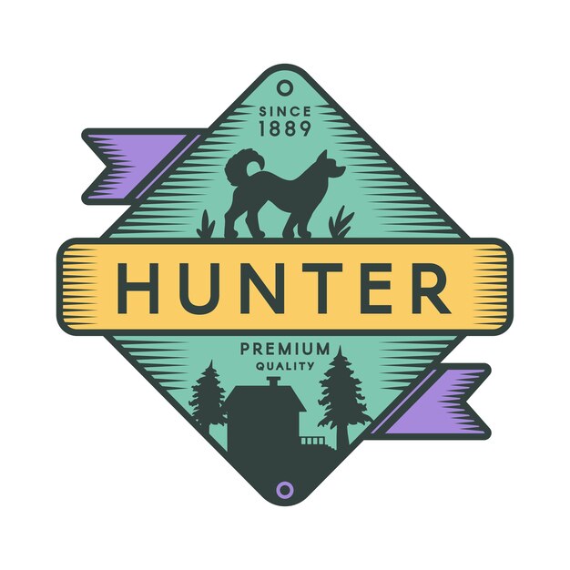 Hunter camp retro farblogo vorlage. vintage-symbol des freizeitparks. hundesilhouette