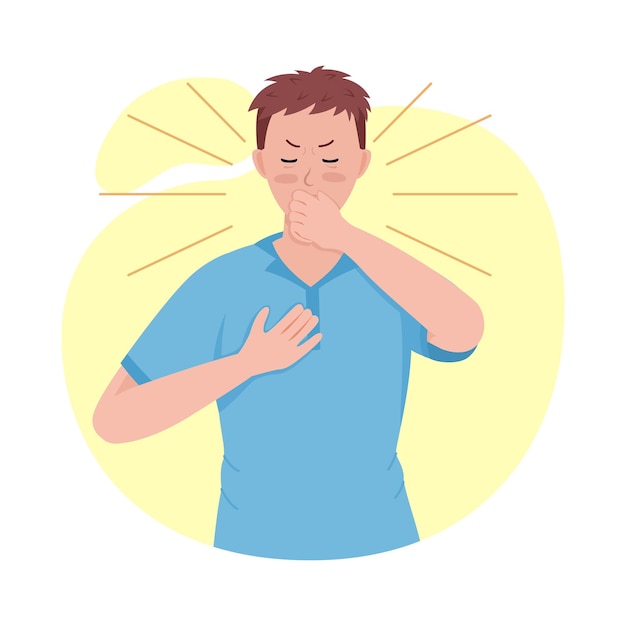 Husten Mann halbflache Farbvektorfigur Posierende Figur Ganzkörperperson auf Weiß Post-Covid-Syndrom isolierte moderne Cartoon-Stil-Illustration für Grafikdesign und Animation