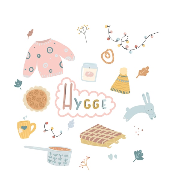Hygge-Set Gezeichnete Elemente des dänischen Hygge-Konzepts gemütliche Heimillustrationen Dänisches Glückv