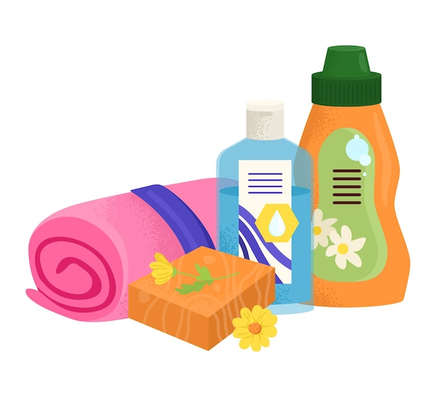 Vektor hygiene bad produkt vektor illustration schönheitspflege durch seife shampoo flasche flüssigkeit und kosmetische spray icon sammlung flacher kunststoffbehälter
