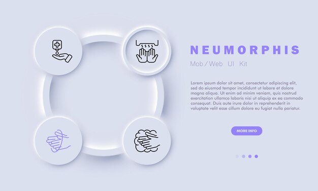 Hygiene-Set-Symbol Antiseptische Flüssigseife Händetrockner Händewaschen Sterilität Seifigkeit Sauberkeit Hygienekonzept Neomorphismus-Stil Vektorliniensymbol für Business und Werbung
