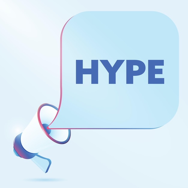 Hype-Text mit 3D-realistischer Megaphon-Vektorillustration
