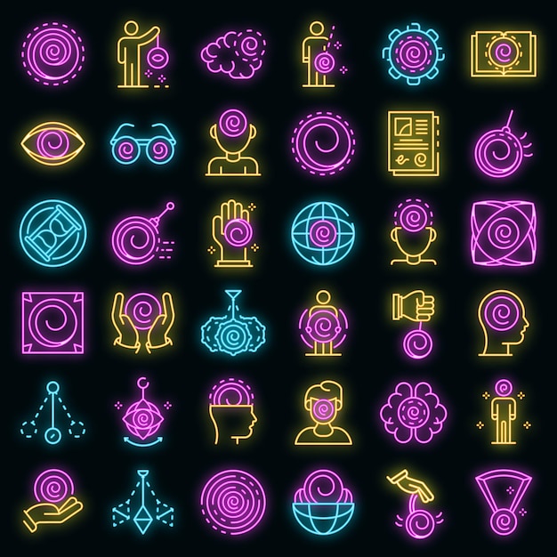 Hypnose-icons gesetzt. umrisse von hypnose-vektorsymbolen neonfarbe auf schwarz