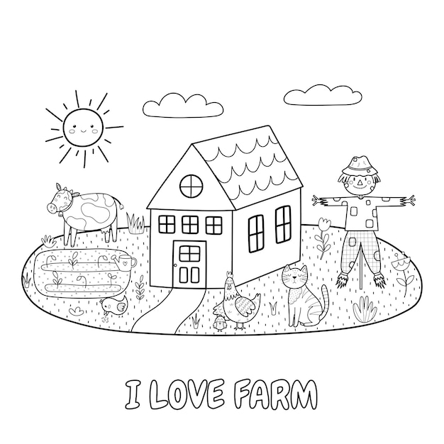 I love farm schwarz-weiß-druck mit einer niedlichen vogelscheuche, kuh, henne, katze und einem bauernhaus