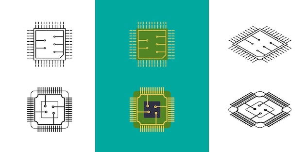 Ic-leiterplatten-icon-set konzept der technologie-halbleiterindustrie