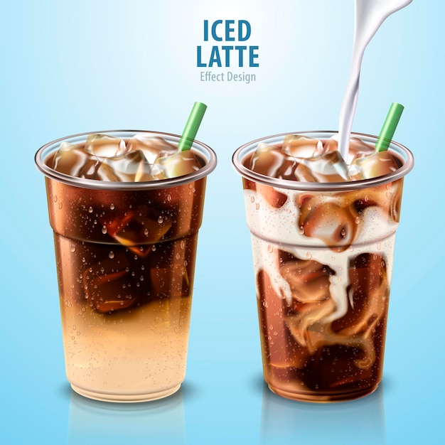 Iced Latte Set mit Milch, die hineingießt