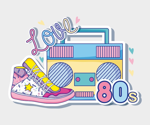 Vektor ich liebe 80er jahre cartoons radio und schuh